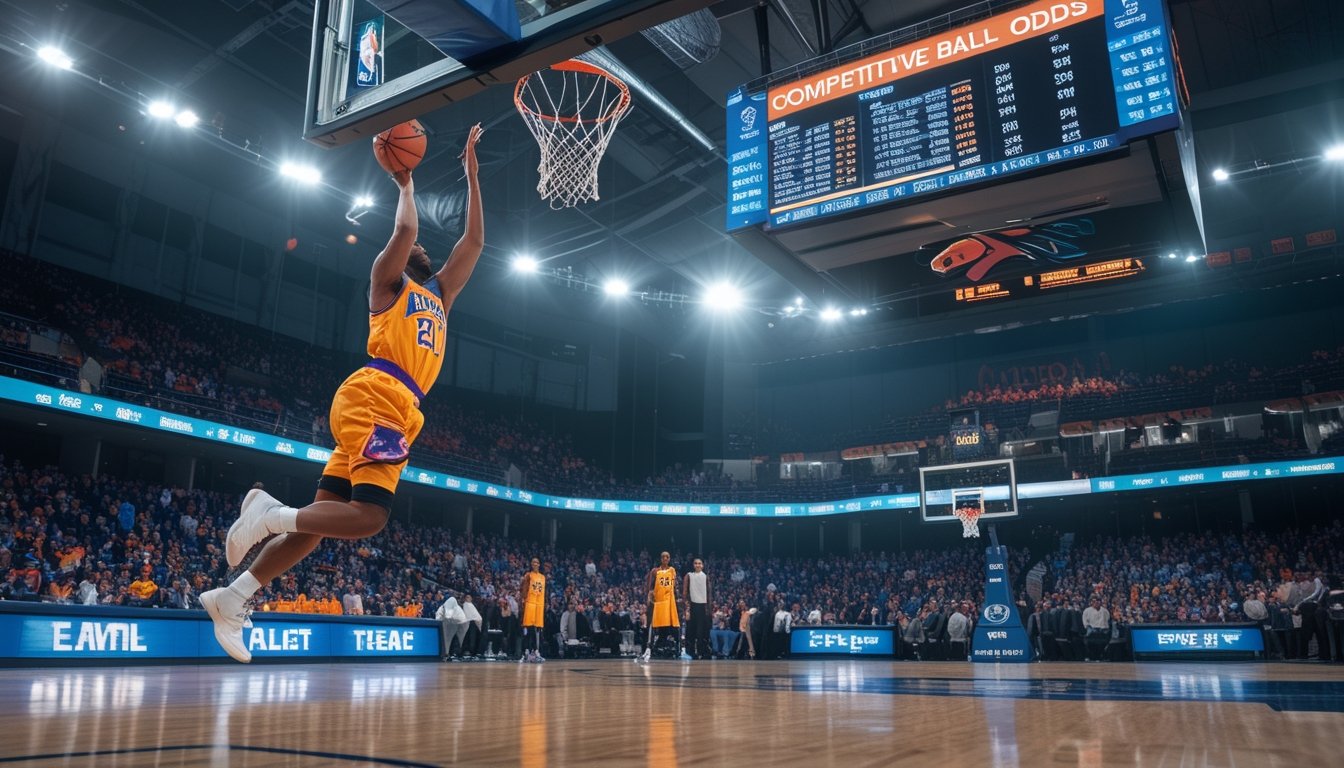 Seorang pemain basket melompat untuk melakukan slam dunk di lapangan dalam stadion yang ramai dengan penonton.