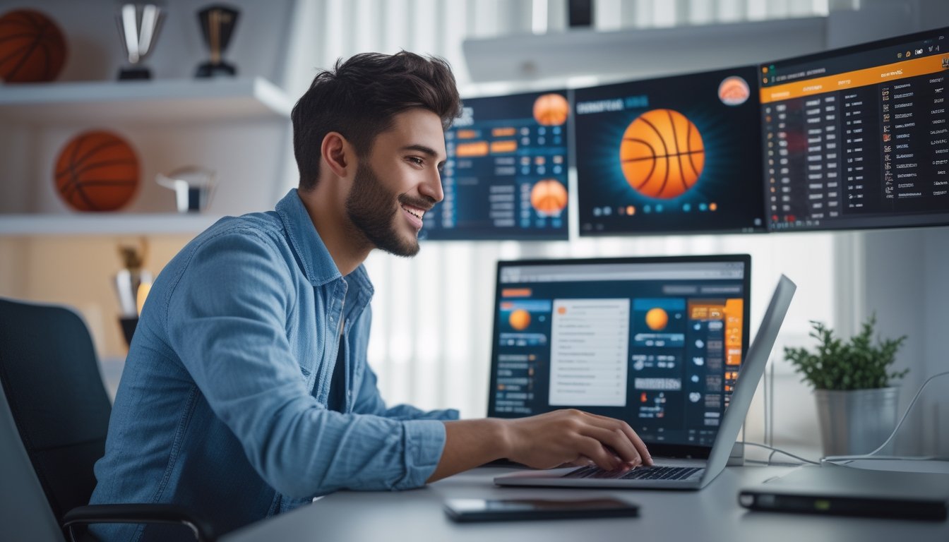 Seorang pria muda duduk di depan laptop dengan beberapa layar menampilkan pilihan taruhan bola basket secara online.