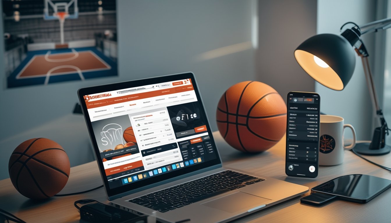 Seorang pria menggunakan laptop di meja kerja dengan bola basket dan ponsel yang menampilkan skor pertandingan bola basket.