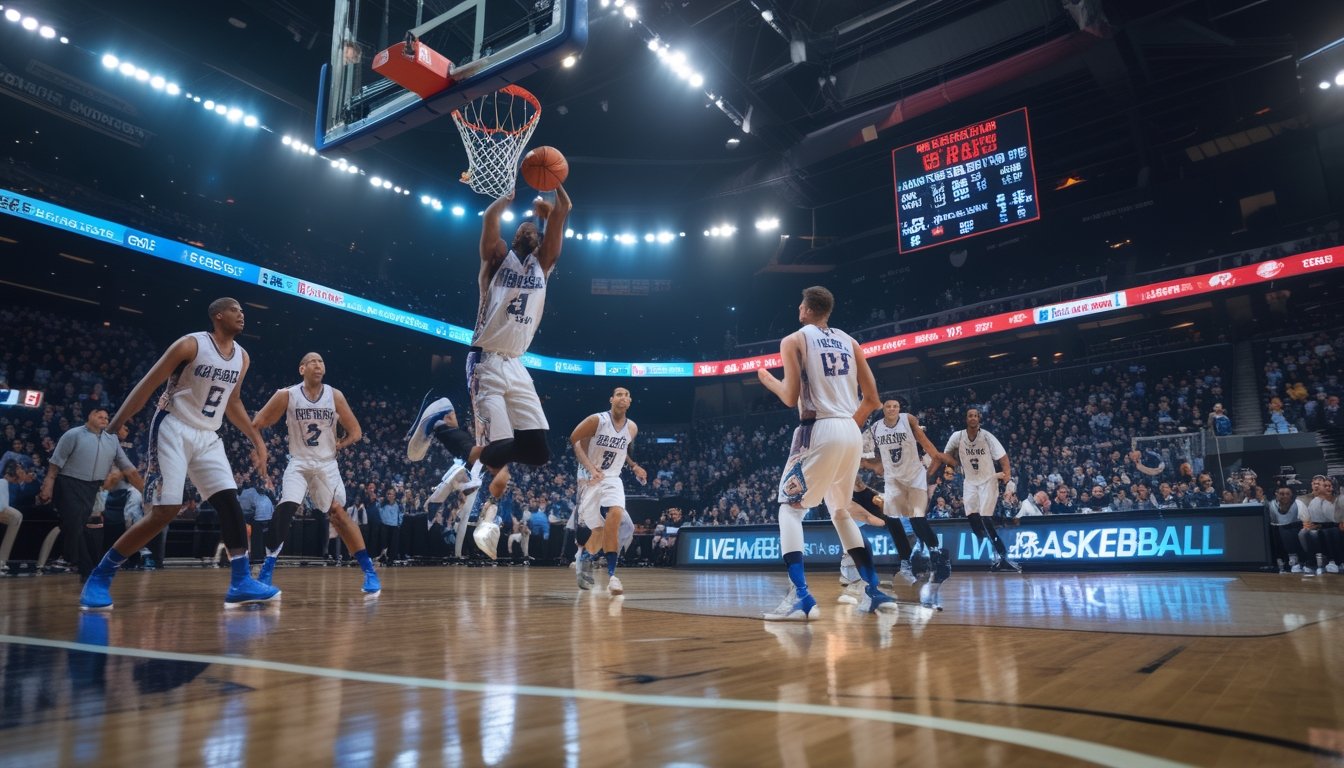 Pertandingan bola basket langsung di dalam stadion dengan pemain yang sedang melakukan slam dunk dan penonton yang antusias.