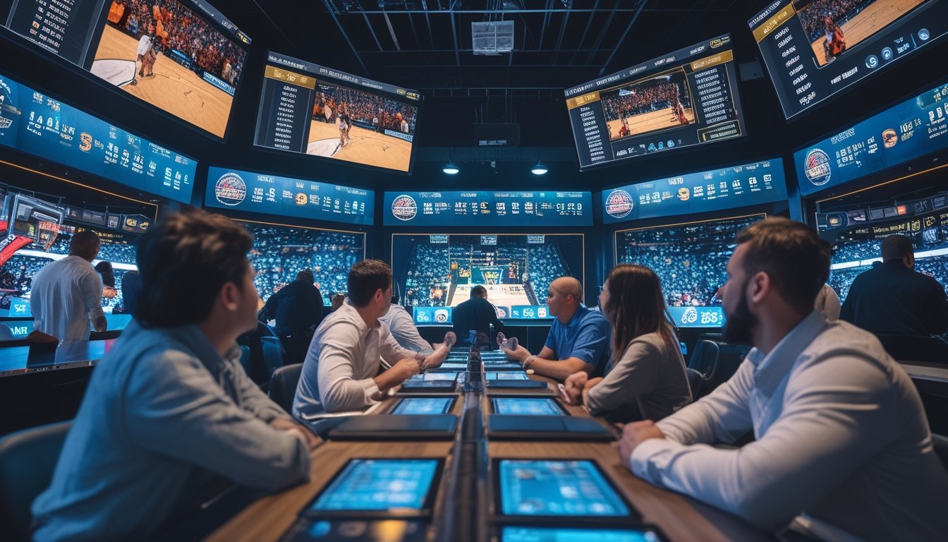 Beberapa orang menonton pertandingan bola basket secara langsung di layar besar sambil menggunakan perangkat digital di ruang taruhan olahraga.