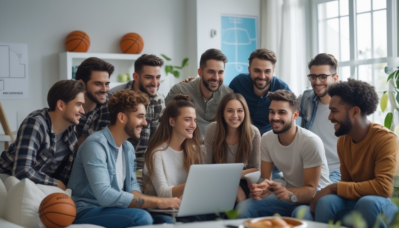 Sekelompok orang muda berkumpul di ruang tamu modern, melihat laptop dengan antusias sambil membahas taruhan basket online.