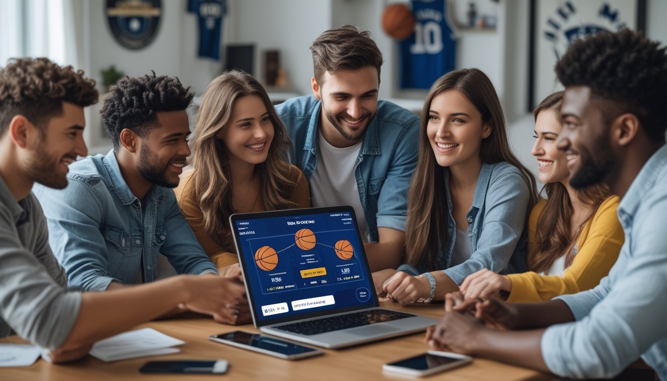 Sekelompok orang muda sedang menggunakan laptop dan ponsel untuk taruhan basket online di ruangan yang nyaman.