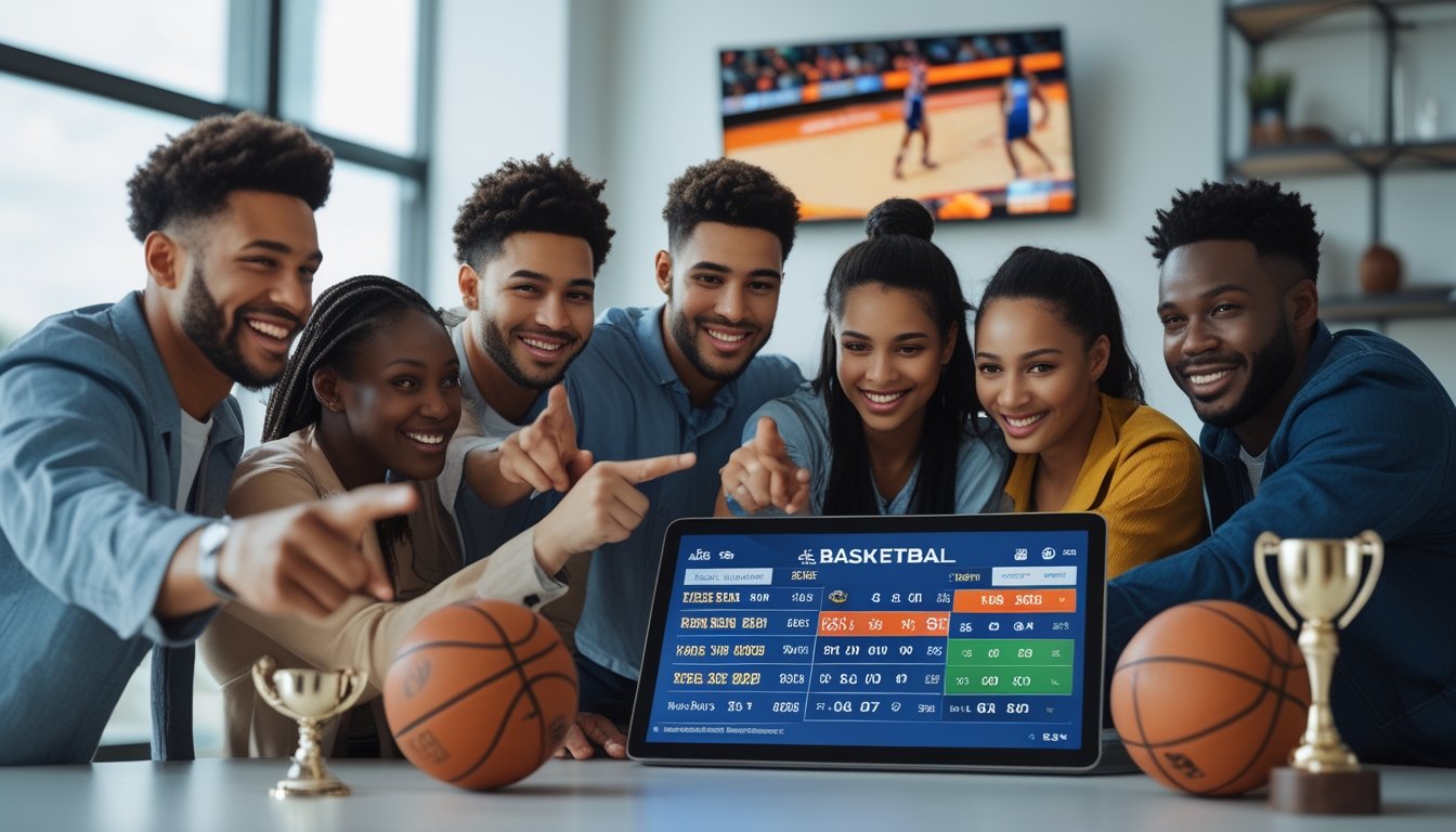 Sekelompok orang muda sedang melihat layar digital dengan statistik dan pertandingan bola basket di latar belakang.