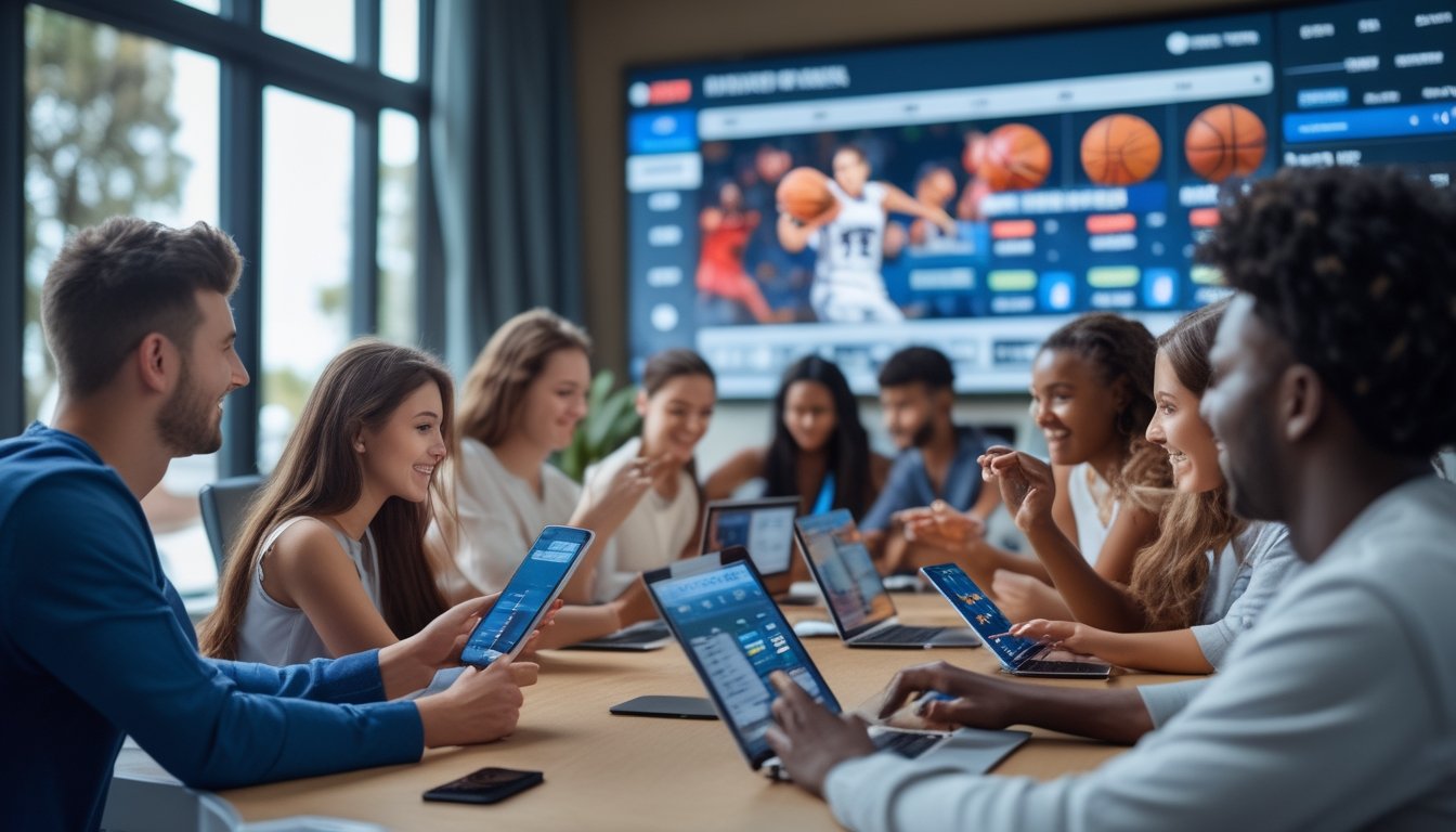 Sekelompok orang muda menggunakan perangkat digital untuk bertaruh pada pertandingan basket yang sedang berlangsung di layar besar.