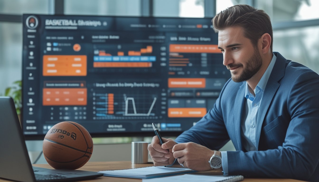Seorang pria di kantor modern sedang menganalisis strategi taruhan basket dengan layar digital menampilkan statistik dan grafik di latar belakang.