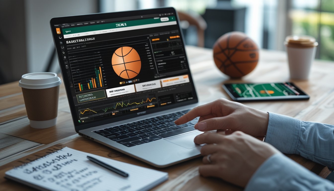 Meja kerja dengan laptop menampilkan statistik bola basket, bola basket, catatan strategi, dan tangan menunjuk layar laptop.