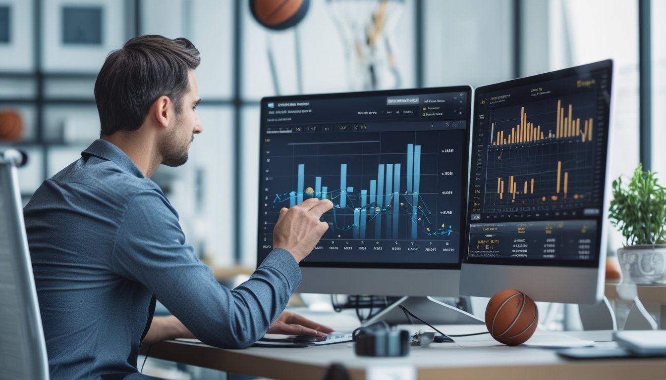Seorang pria duduk di depan meja dengan layar komputer yang menampilkan statistik dan grafik basket, sedang menganalisis data taruhan basket online.