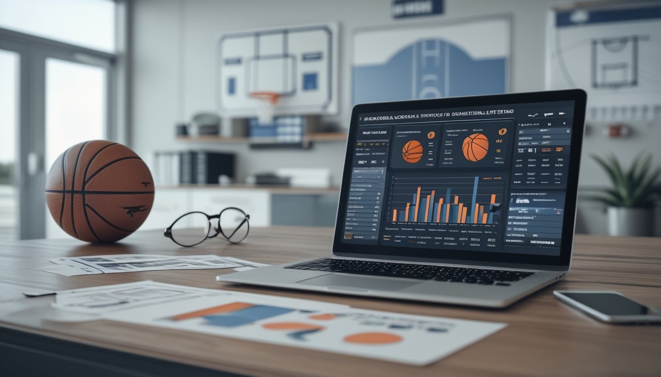 Meja kerja dengan laptop yang menampilkan statistik bola basket, grafik dan bola basket di sampingnya, serta papan tulis dengan diagram lapangan bola basket di latar belakang.