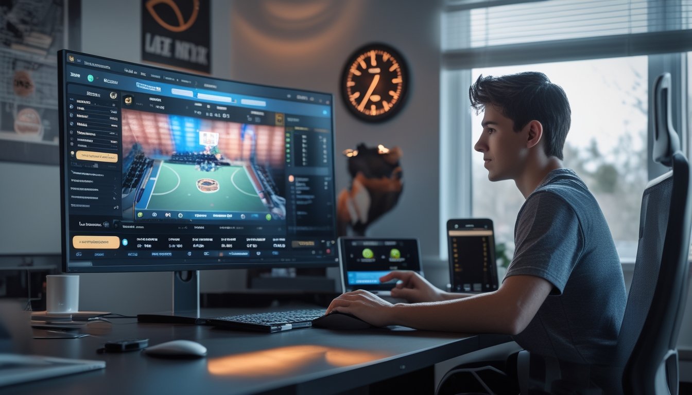 Seseorang duduk di meja dengan komputer yang menampilkan pertandingan basket dan antarmuka taruhan, suasana malam hari dengan jam digital dan ponsel di dekatnya.