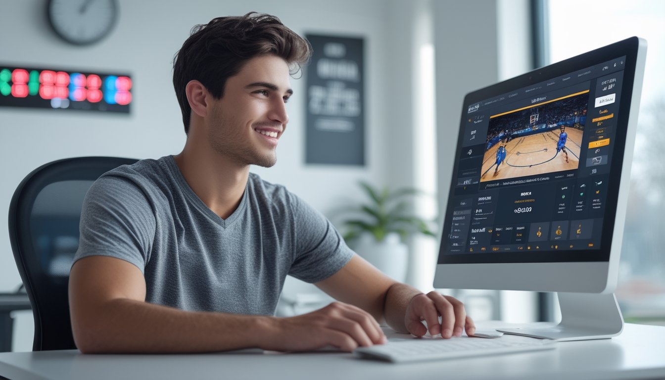 Seorang pria muda duduk di depan komputer yang menampilkan pertandingan basket, menunjukkan kemudahan akses taruhan basket online 24 jam.