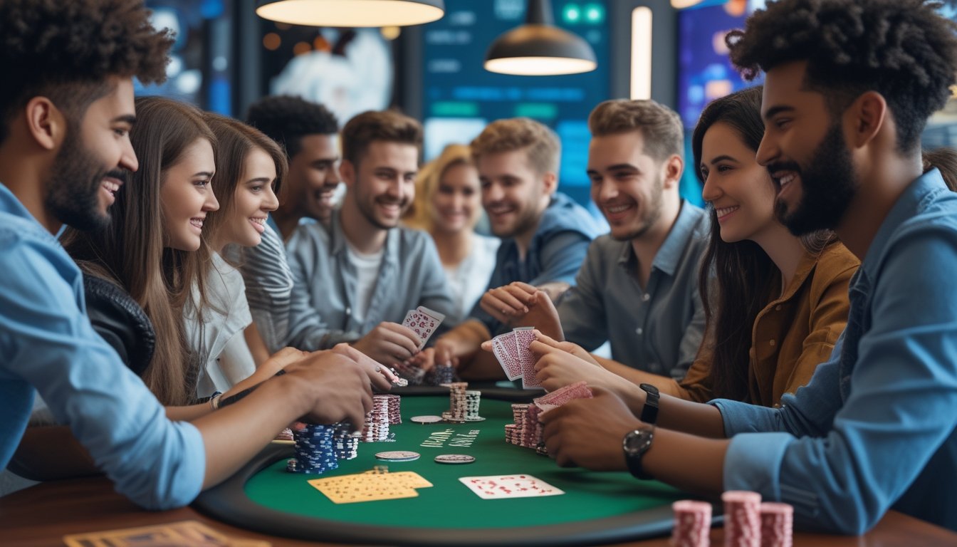 Sekelompok orang muda bermain poker di meja dengan kartu dan chip, terlihat santai dan fokus.
