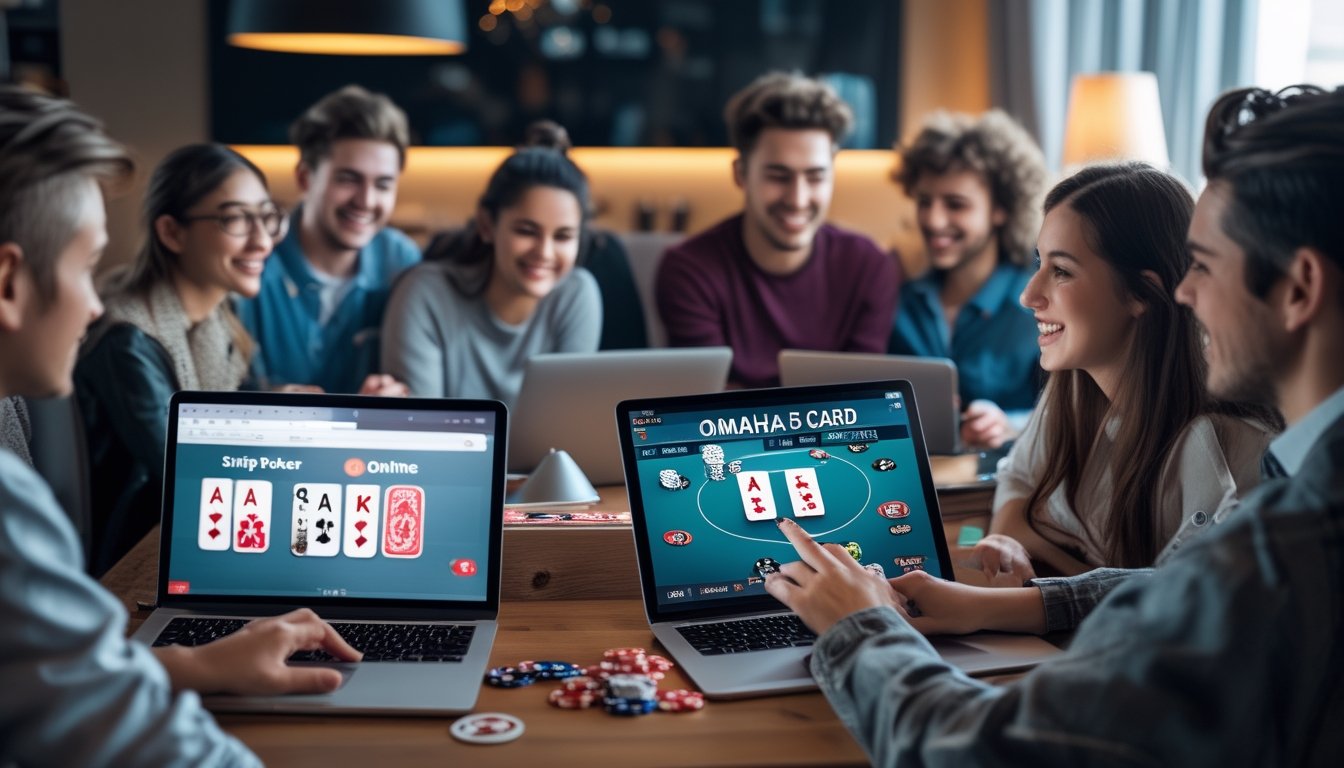 Sekelompok orang muda bermain poker online dengan laptop dan tablet di ruangan yang nyaman dan modern.