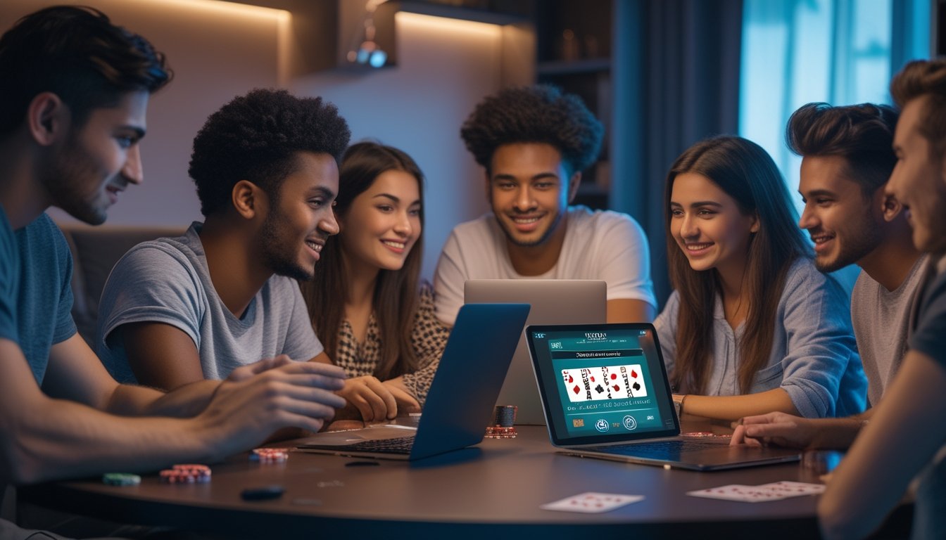 Sekelompok orang muda bermain poker online bersama di sebuah ruangan yang nyaman dengan perangkat digital dan kartu remi di atas meja.