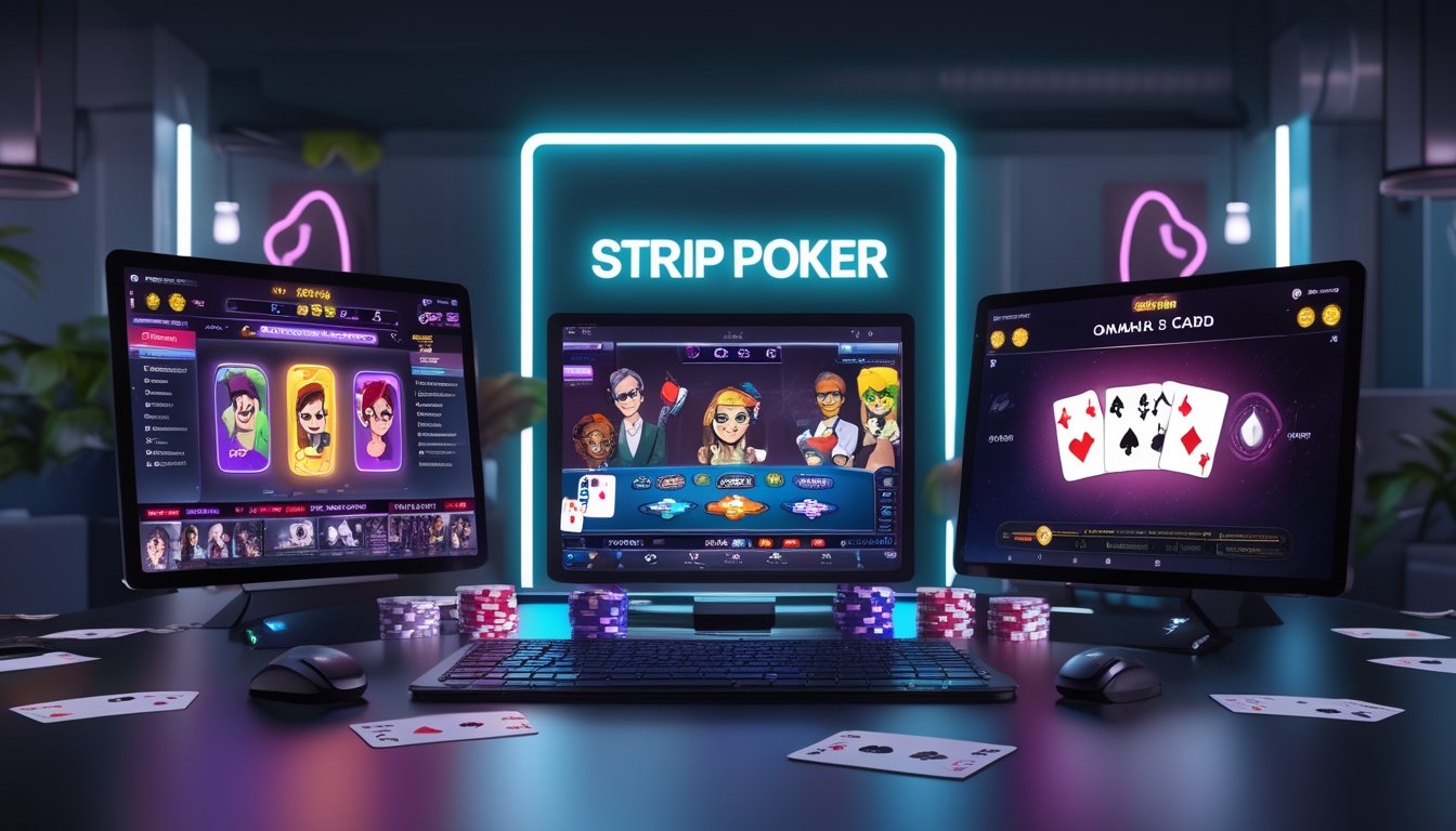 Meja permainan dengan laptop dan tablet yang menampilkan permainan kartu Strip Poker Online dan Omaha 5 Card dengan suasana gaming modern.