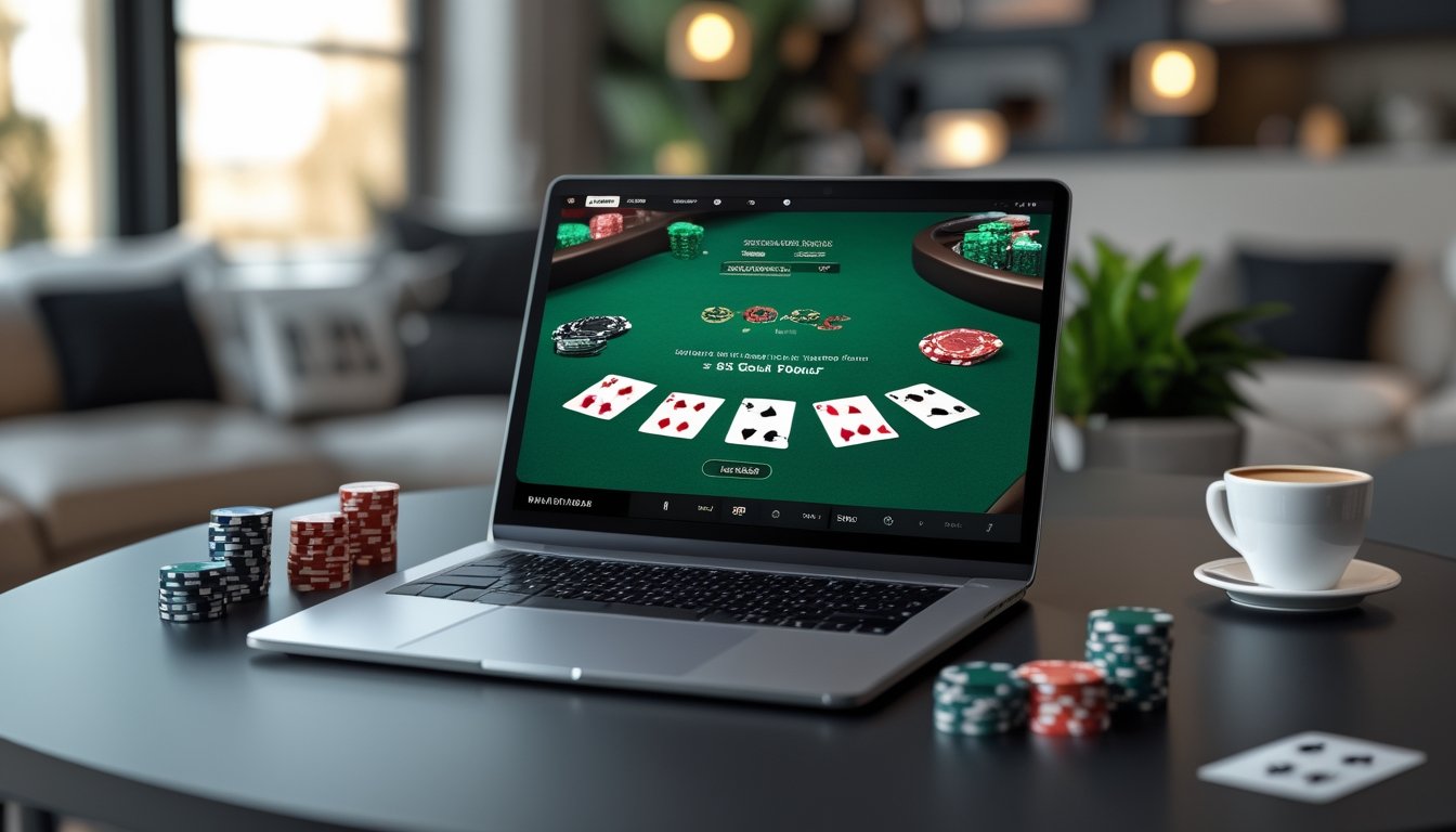 Seorang pemain poker sedang bermain Omaha 5 Card di depan layar komputer dengan meja poker digital dan kartu yang terlihat jelas.