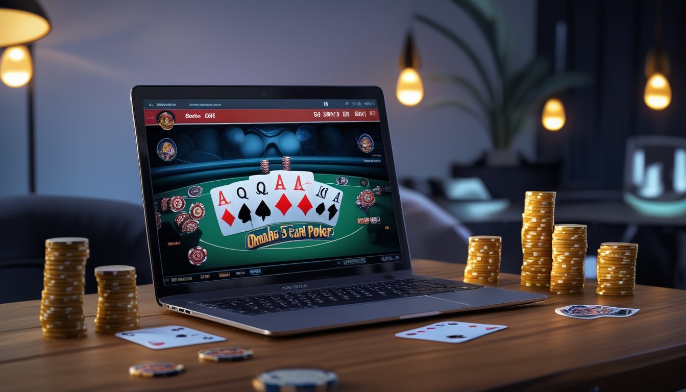 Seorang pemain poker online menggunakan laptop dengan tampilan kartu Omaha 5 Card dan chip poker di meja.