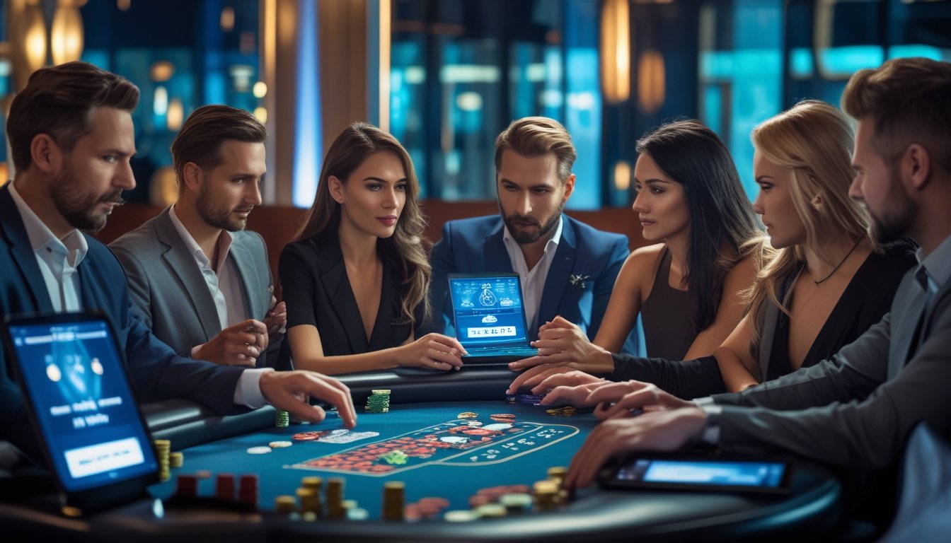 Sekelompok orang dewasa bermain poker di meja kasino modern dengan kartu dan chip, menggunakan perangkat digital untuk permainan Omaha 5 Card.