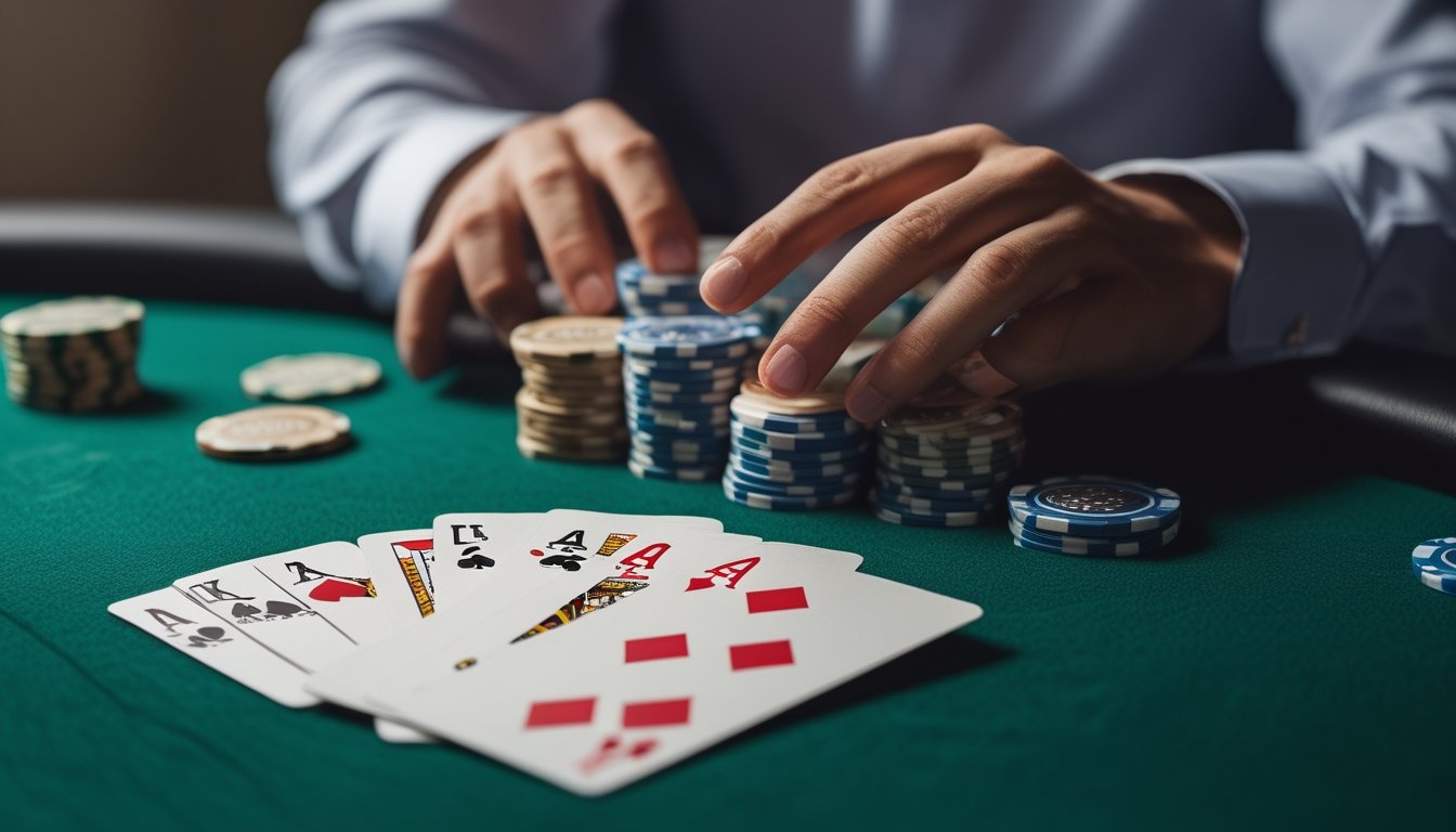 Meja poker dengan lima kartu dan tumpukan chip, menunjukkan permainan Omaha 5 Card.