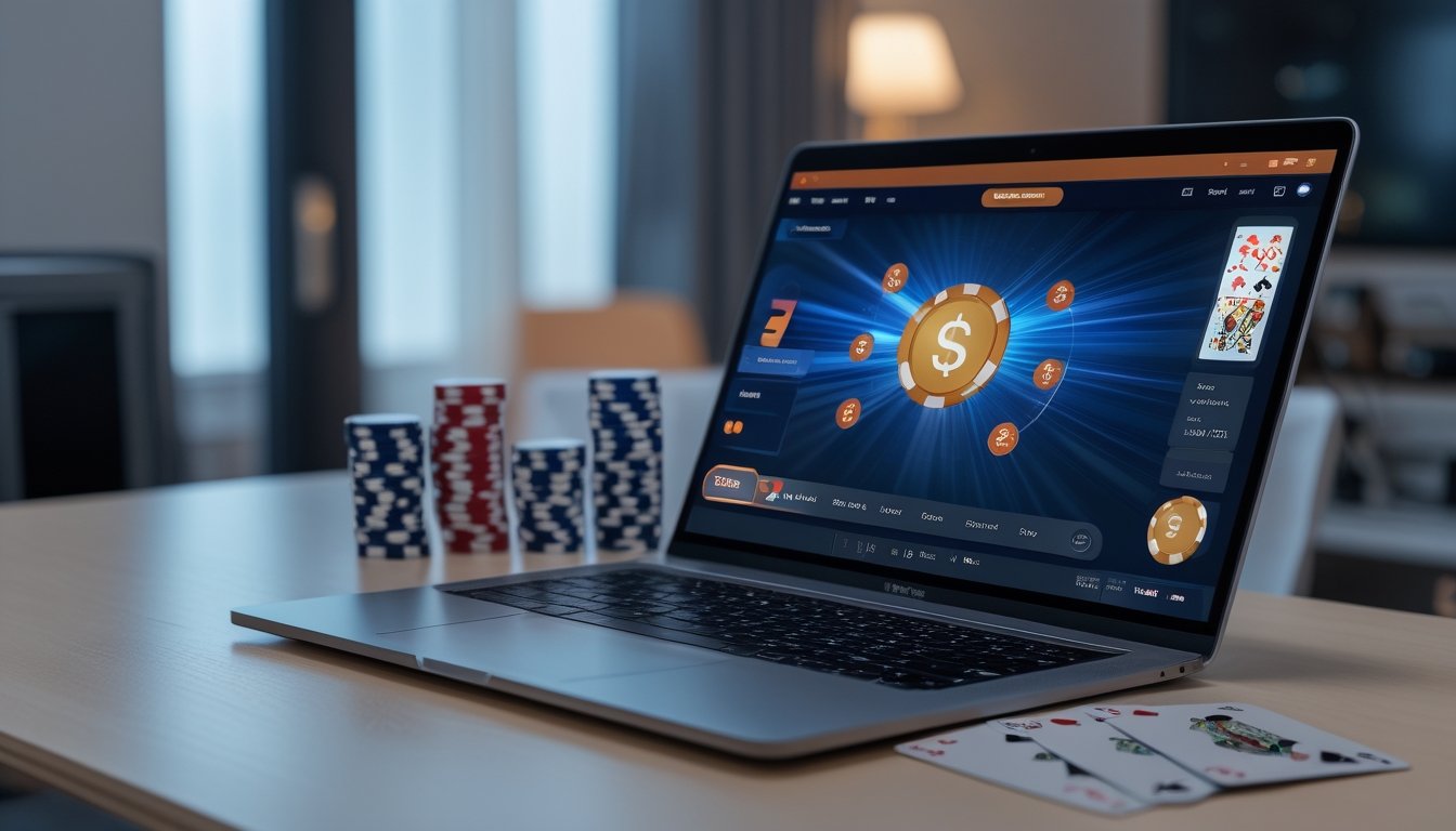 Seorang pemain poker online menggunakan laptop dengan kartu dan chip poker di meja, menunjukkan suasana bermain poker dengan modal kecil.