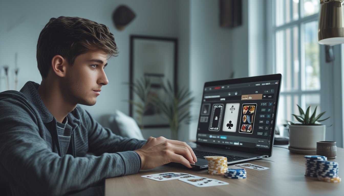 Seorang dewasa muda bermain poker online di laptop dengan kartu dan chip poker di meja di ruang yang terang dan rapi.