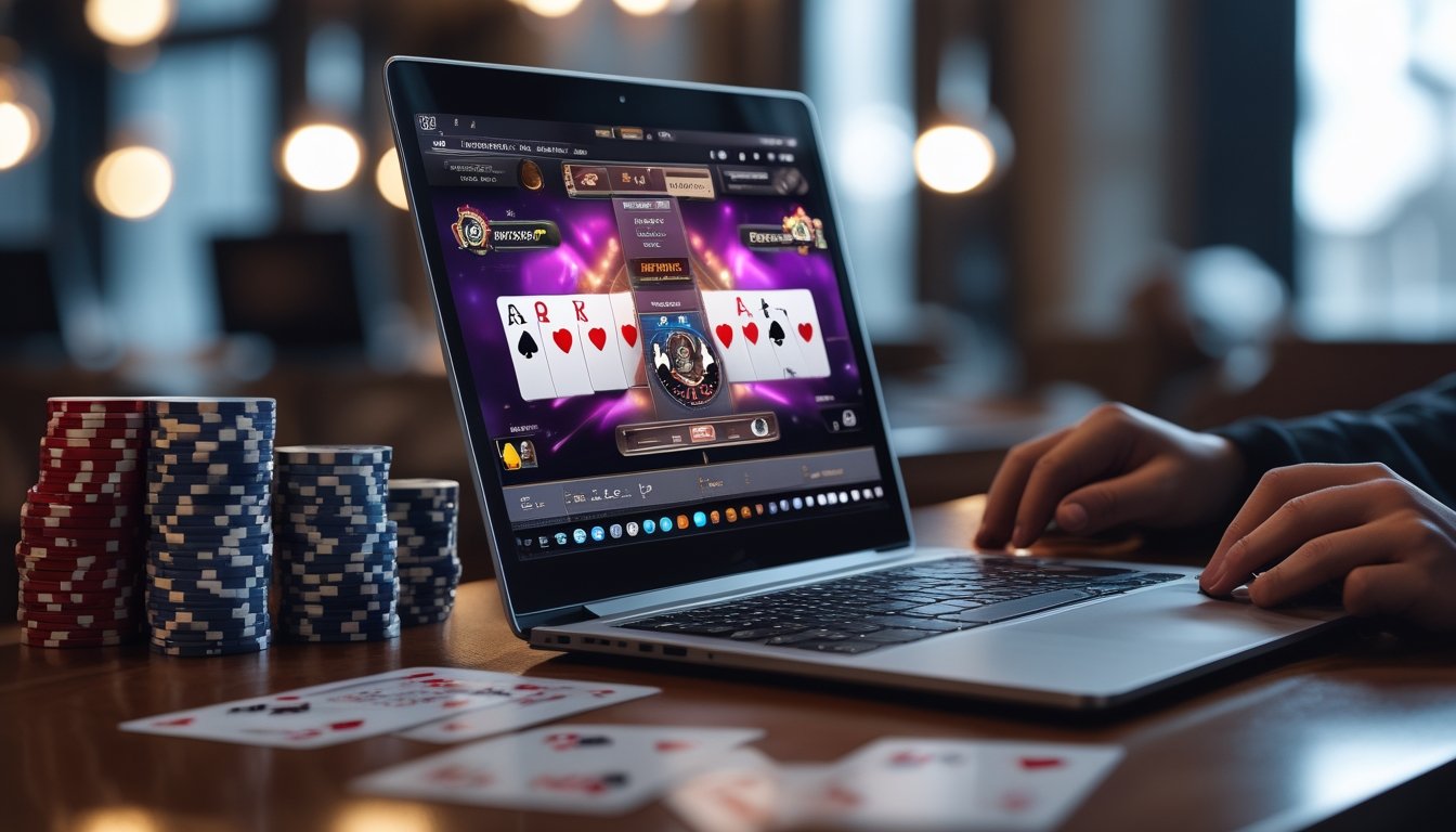 Meja poker dengan laptop menampilkan permainan kartu online, tumpukan chip poker, dan kartu yang tersebar di atas meja kayu.