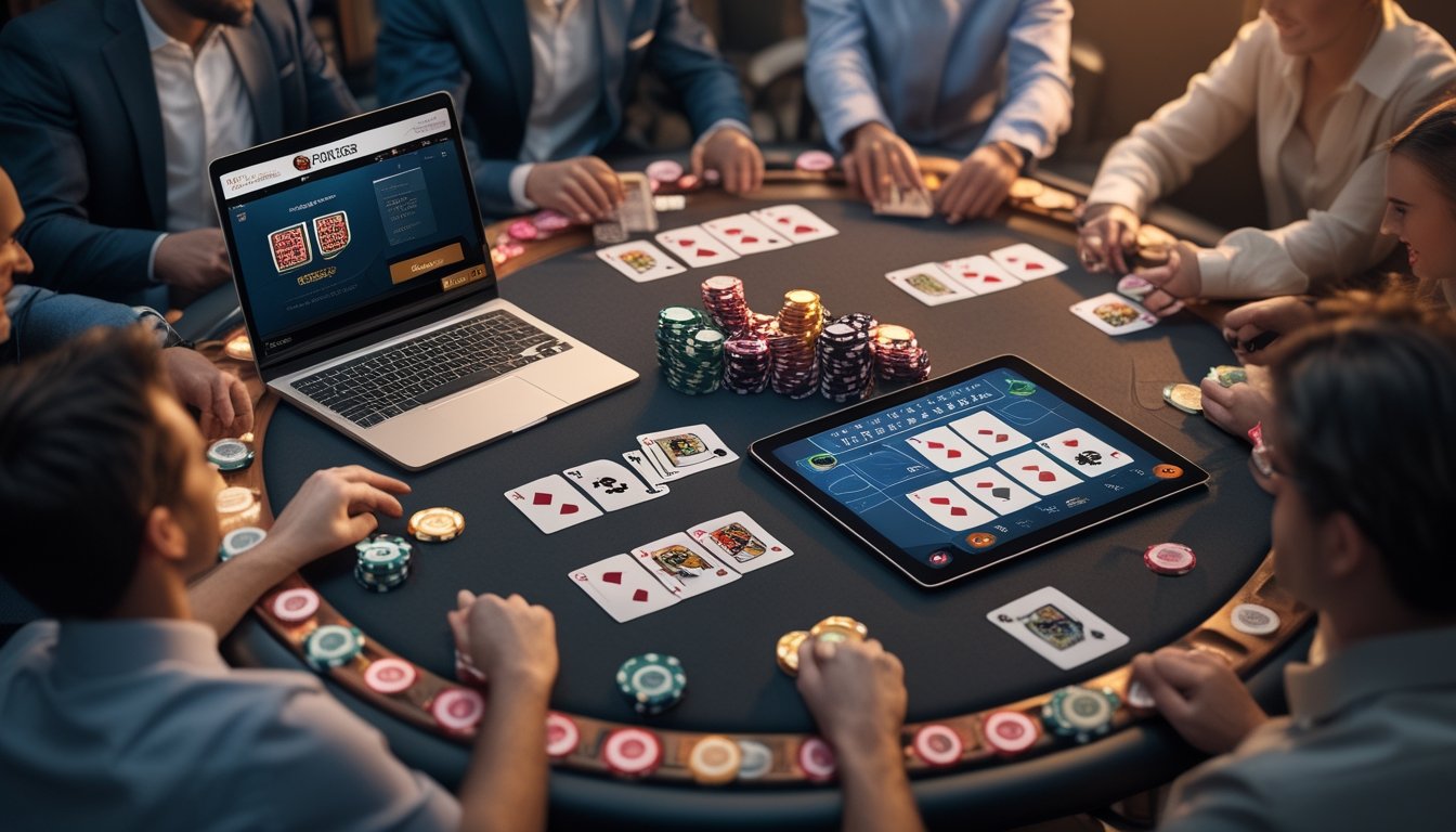 Meja poker dengan laptop menampilkan permainan poker online dan kartu serta chip poker fisik untuk Omaha 5 Card, dengan beberapa pemain yang fokus bermain.