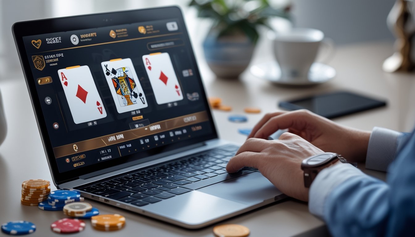 Seorang pemain sedang menggunakan laptop dengan kartu remi dan chip poker di meja, menampilkan suasana permainan poker online.