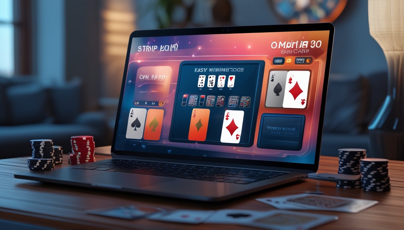 Seseorang bermain poker online di depan komputer dengan kartu dan chip poker di meja.