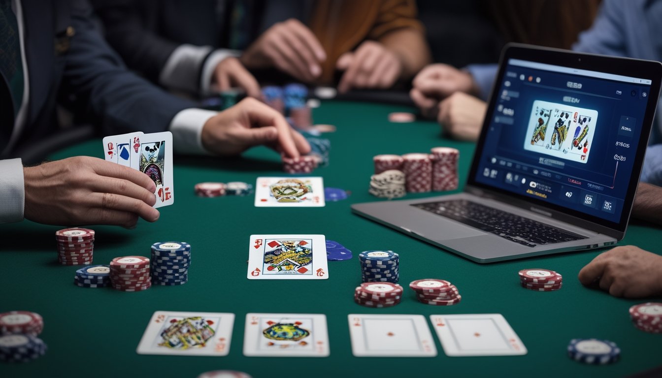 Meja kasino dengan dua permainan poker, satu dengan kartu Omaha 5 dan satu lagi permainan poker online di laptop, dengan pemain yang sedang bermain.