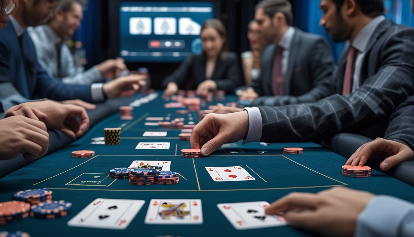Meja poker dengan kartu dan chip, menampilkan suasana permainan poker online dan Omaha 5 Card untuk pemula.
