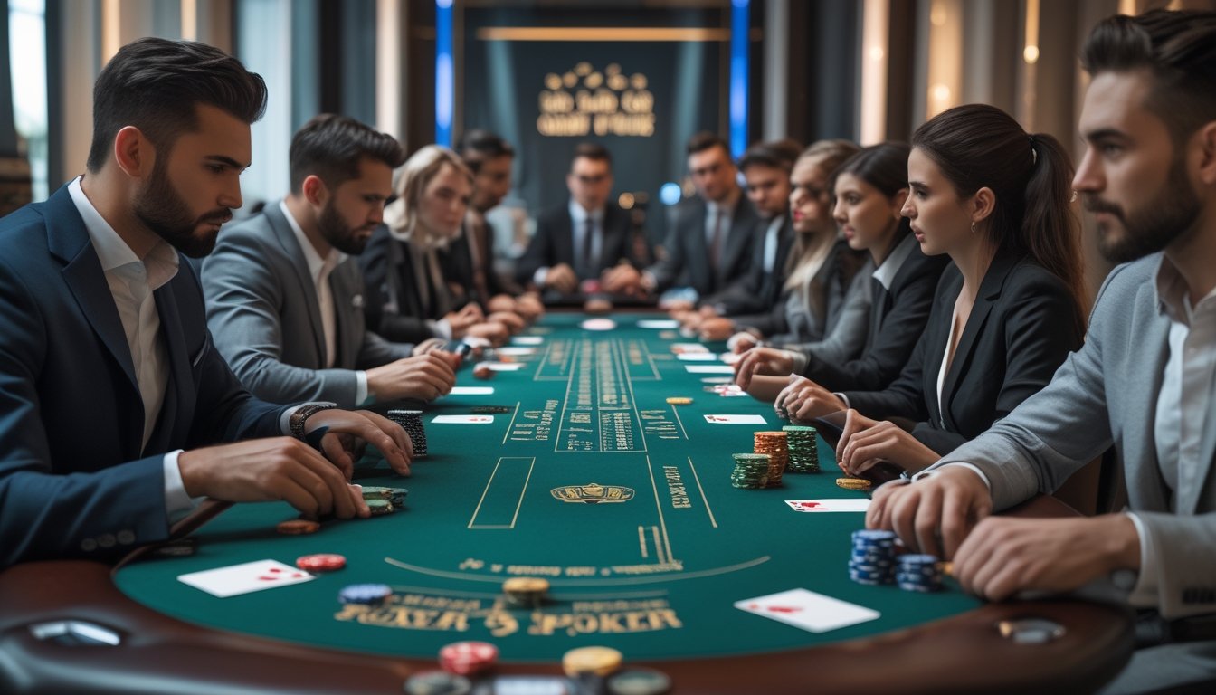 Beberapa pemain poker duduk di sekitar meja poker dengan kartu dan chip, fokus bermain permainan Omaha 5 Card.