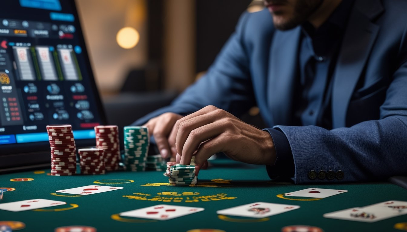 Seorang pemain poker fokus duduk di meja poker dengan kartu dan chip, menggunakan laptop untuk bermain poker online.