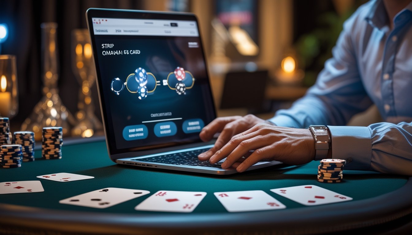 Seorang pemain poker sedang bermain permainan Omaha 5 kartu di depan meja poker dengan laptop yang menampilkan antarmuka permainan online.