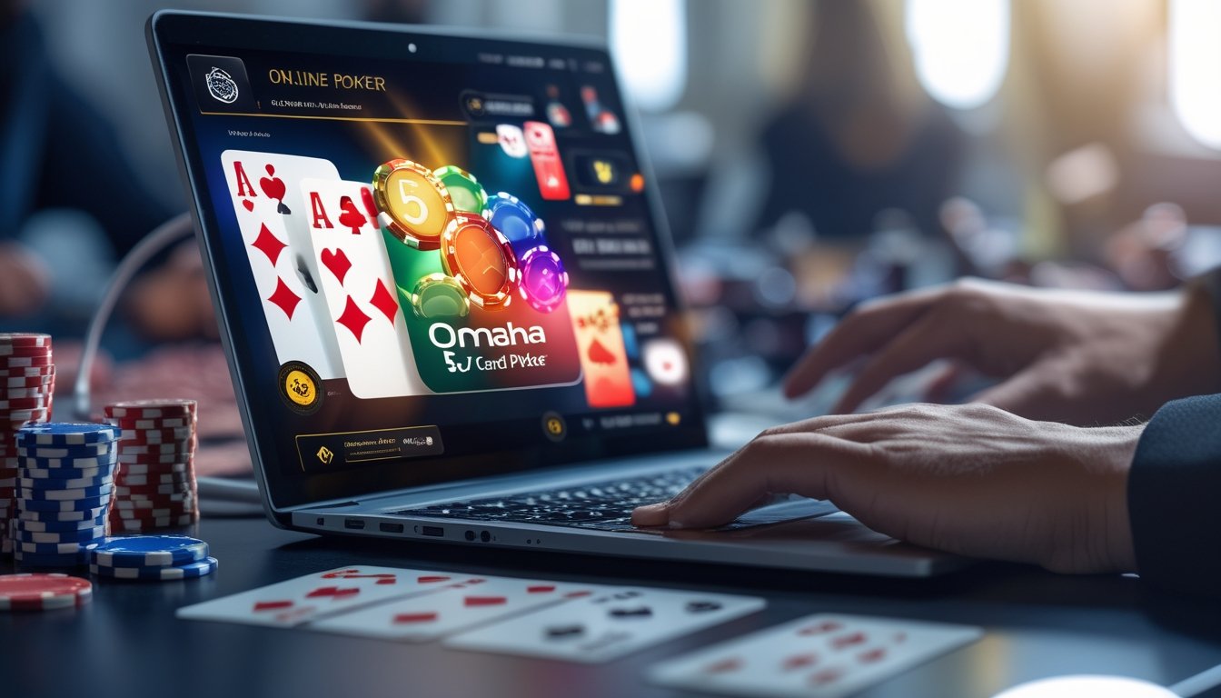 Seorang pemain bermain poker Omaha 5 Card secara online dengan komputer dan kartu serta chip di atas meja.