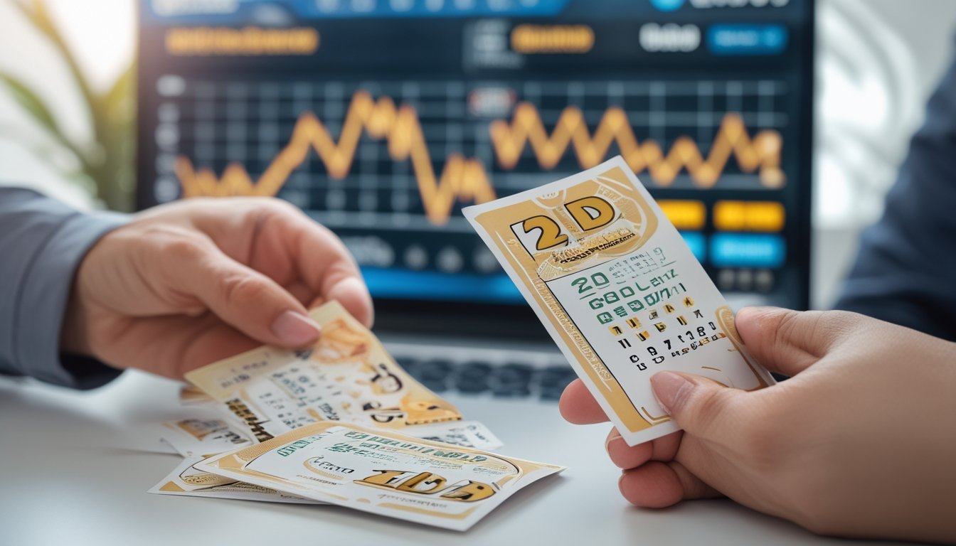 Tangan yang memegang tiket lotere dengan layar digital menampilkan hasil lotere dan grafik peluang menang di latar belakang.
