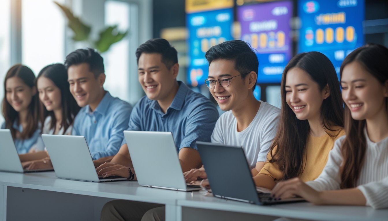 Sekelompok orang menggunakan laptop dan ponsel untuk bermain togel online di ruang modern yang terang.
