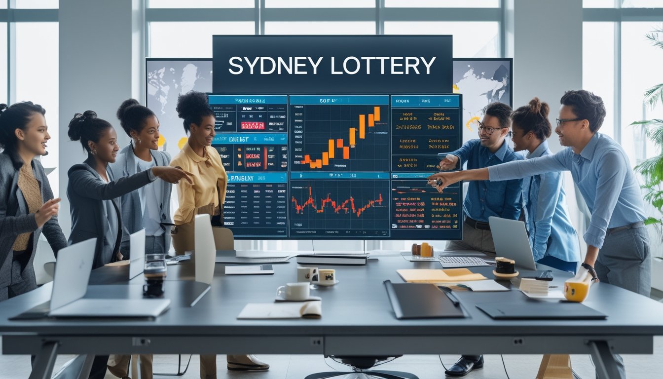 Sekelompok orang sedang bekerja sama di kantor modern dengan layar besar menampilkan data lotere dan grafik, fokus pada pasar Sydney.