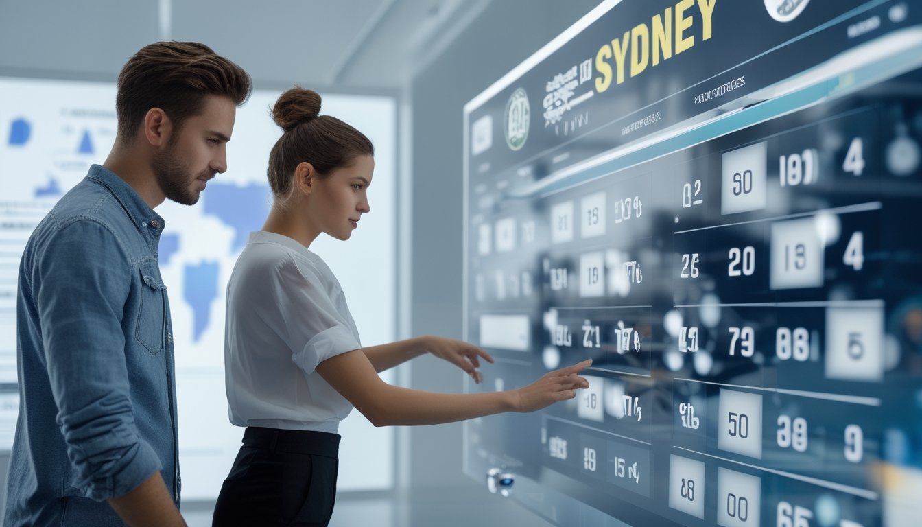 Dua orang muda sedang melihat dan berdiskusi di depan layar digital yang menampilkan angka dan grafik togel Sydney dalam sebuah kantor modern.