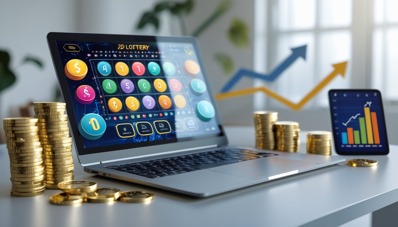 Seorang pengguna laptop di meja kerja modern dengan tampilan permainan lotere online dan simbol kemenangan seperti tumpukan uang dan grafik keuntungan.