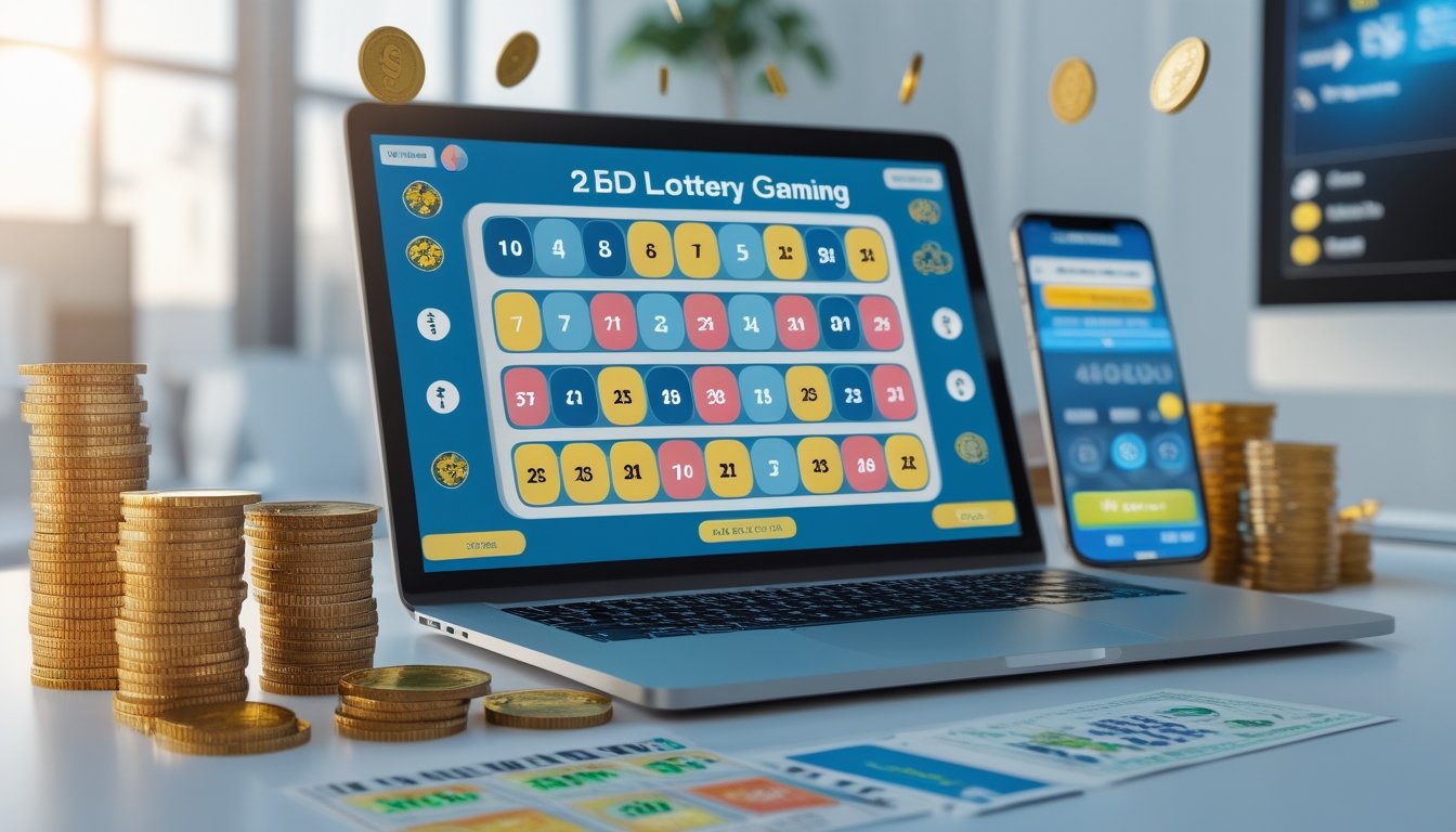 Seorang pria menggunakan laptop di meja kerja dengan tumpukan koin dan tiket lotre di sekitarnya, menunjukkan suasana permainan togel online dengan hadiah besar dan modal kecil.