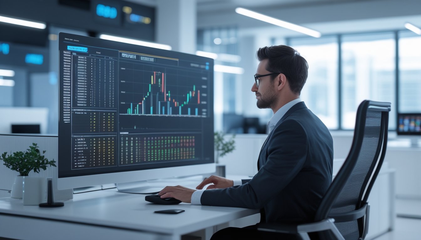 Seorang profesional bekerja di depan layar komputer besar yang menampilkan grafik dan data angka di sebuah kantor modern yang terang dan rapi.