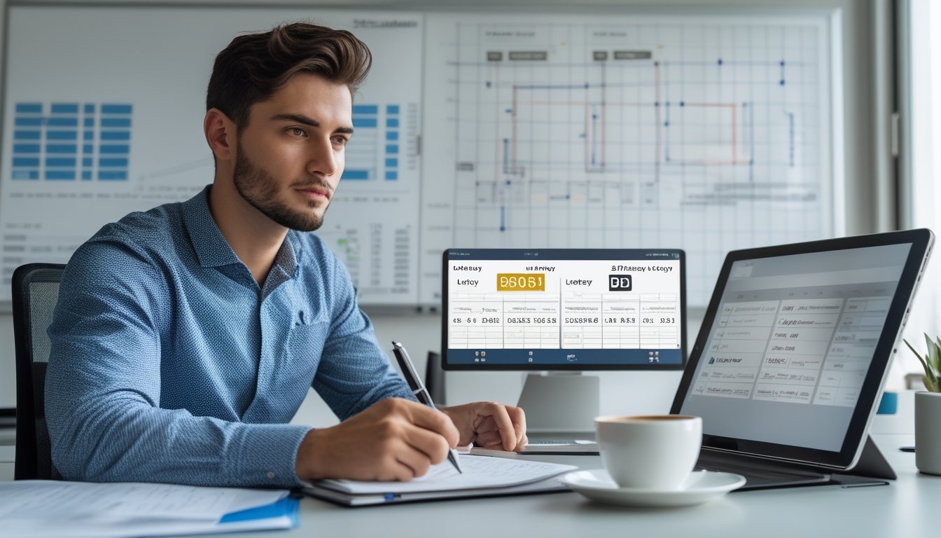 Seorang pria muda sedang duduk di meja kantor modern sambil menganalisis strategi togel dengan perangkat digital dan catatan.