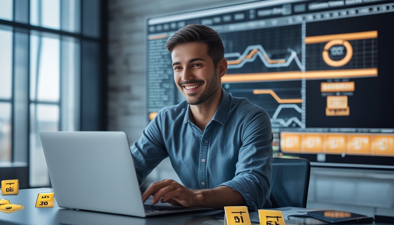 Seorang pria muda tersenyum menggunakan laptop dan ponsel di meja kantor dengan layar digital di belakang yang menampilkan grafik dan data transaksi cepat.