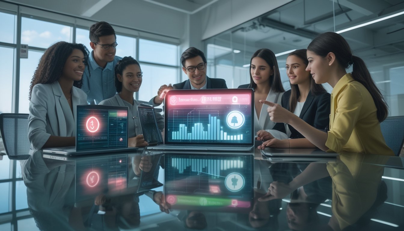 Sekelompok profesional muda bekerja bersama di kantor modern dengan perangkat digital yang menampilkan ikon pembayaran cepat dan transparan.