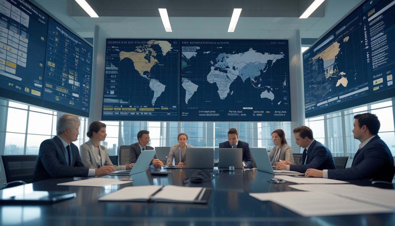 Sekelompok profesional sedang bekerja di kantor modern dengan layar digital menampilkan data pasar internasional dan Sydney.