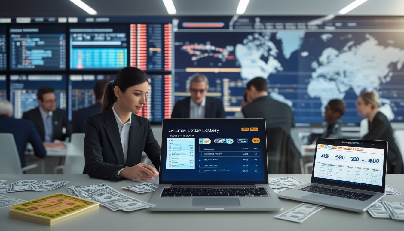 Orang-orang profesional sedang menganalisis data togel di kantor modern dengan layar digital dan peta Sydney di latar belakang.