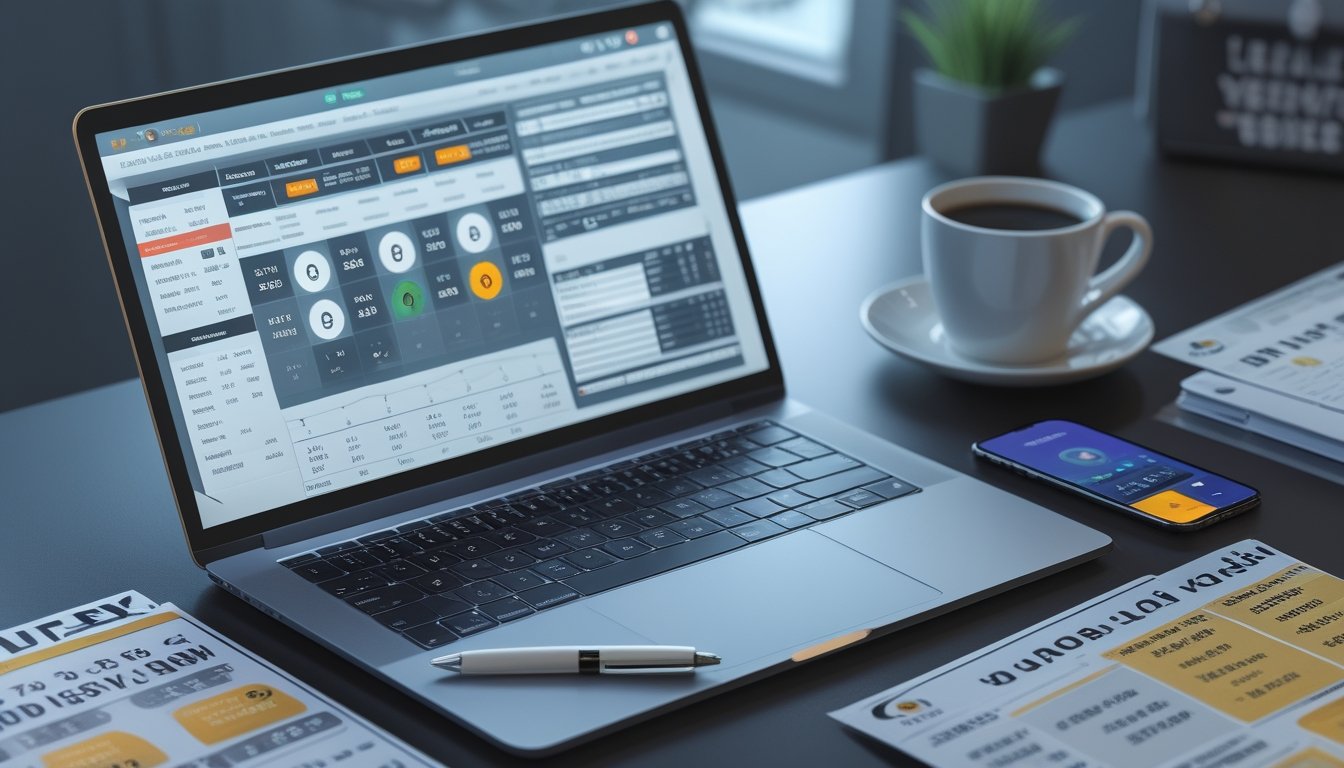 Orang sedang bekerja dengan laptop, tiket lotre, dan ponsel di meja, fokus pada permainan togel.