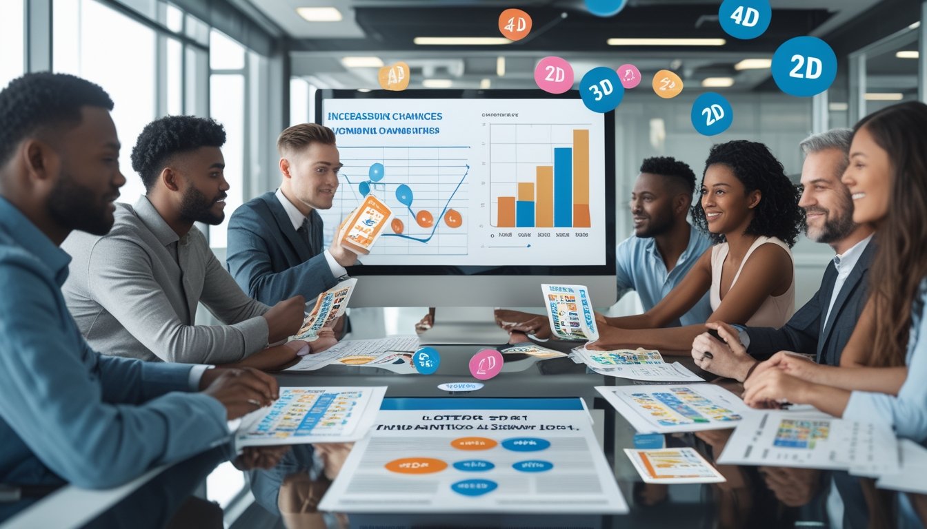 Sekelompok orang sedang berdiskusi dan menganalisis tiket lotre 4D, 3D, dan 2D di ruang kantor dengan grafik peluang kemenangan di layar komputer.