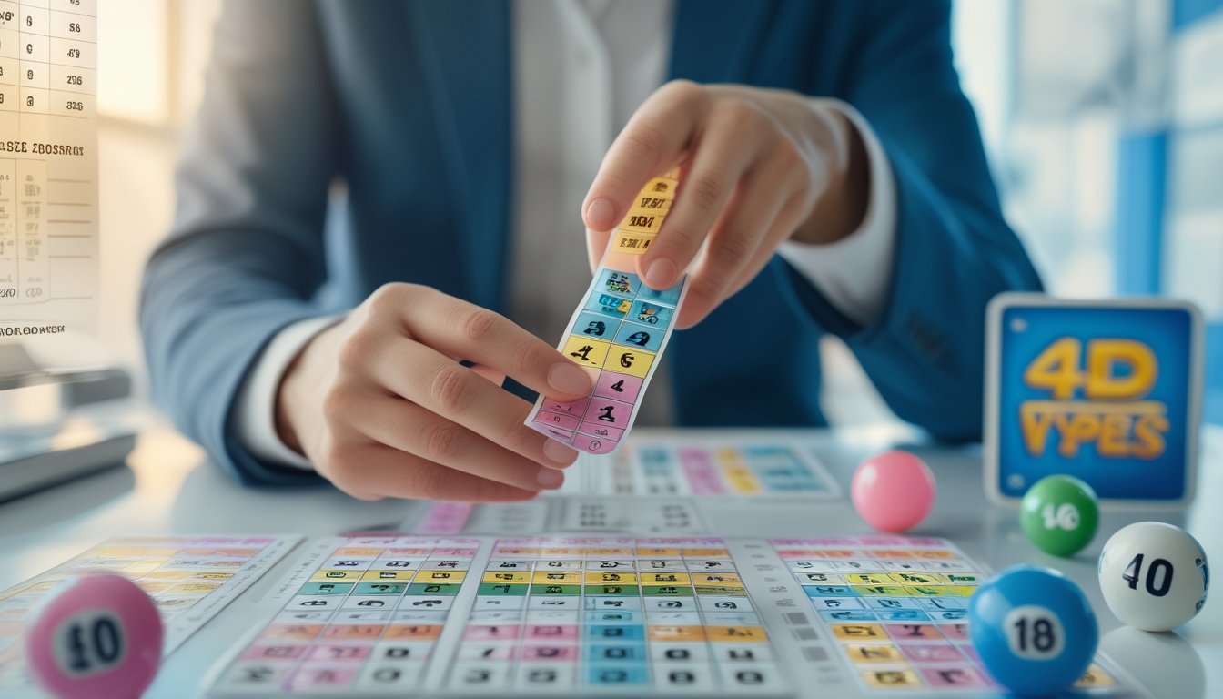 Tangan seseorang memegang tiket lotere berwarna dengan bola lotere dan grafik peluang kemenangan di latar belakang.